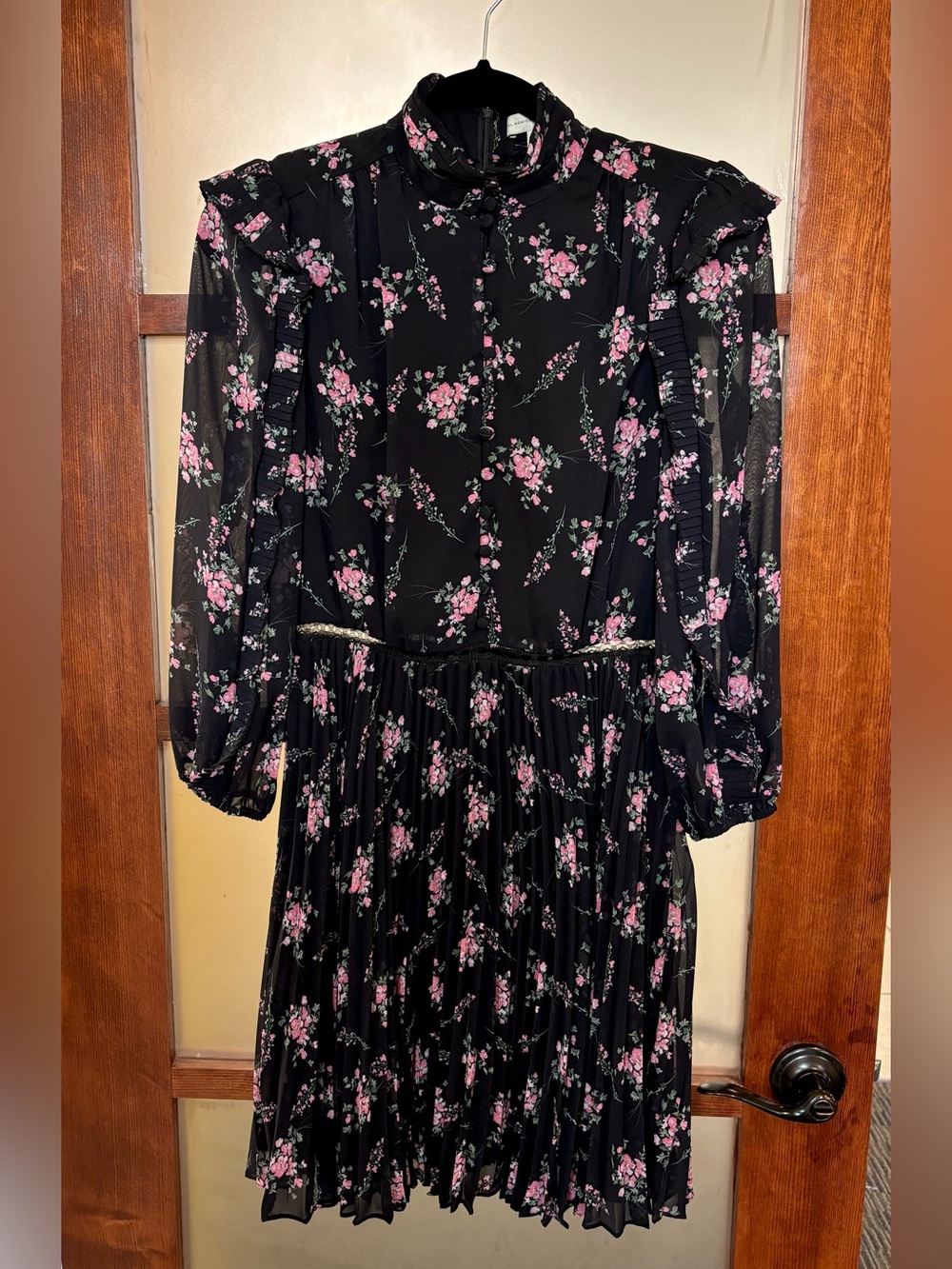 Monique Lhuillier Long-Sleeve Pleated Dress with Pink Floral Print